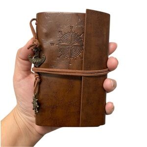 Small Brown Faux Leather 6-Ring Journal with Compass Design & Plain Kraft Pages